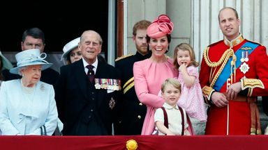 Prince Philip, The Duchess of Cambridge, Prince William and their children Prince George and Princess Charlotte in 2017. Pic: AP